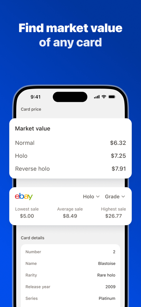 Trading card value scanner - Mobile app interface showing market prices and eBay sales data for a Blastoise trading card