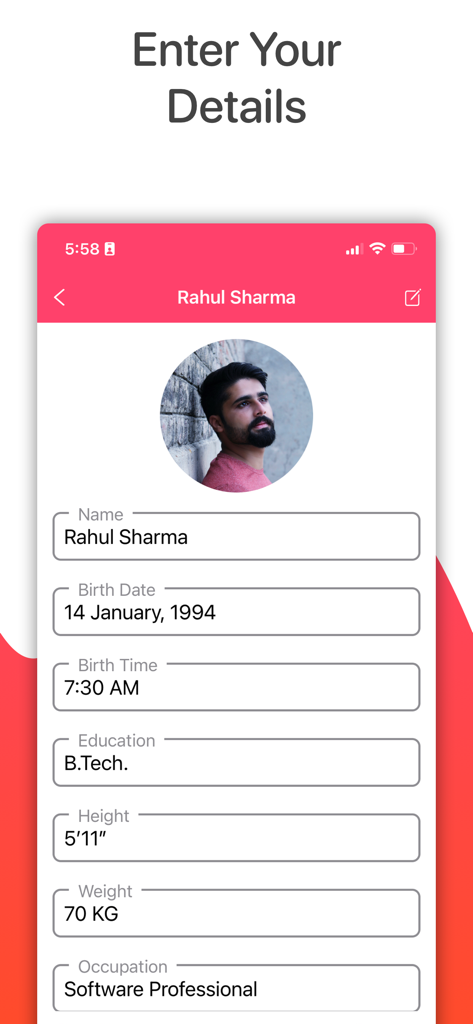 User interface of Bio Data Maker app showing a form to enter personal details like name birth date and education for a marriage biodata