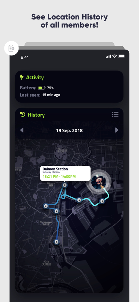 Map view in Placeter app showing member location history and battery level