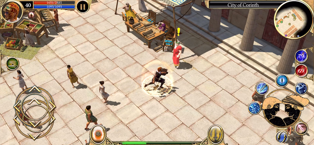 Titan Quest: Legendary Edition - Isometric gameplay screenshot of Titan Quest Legendary Edition showing a hero in the City of Corinth with quest NPCs