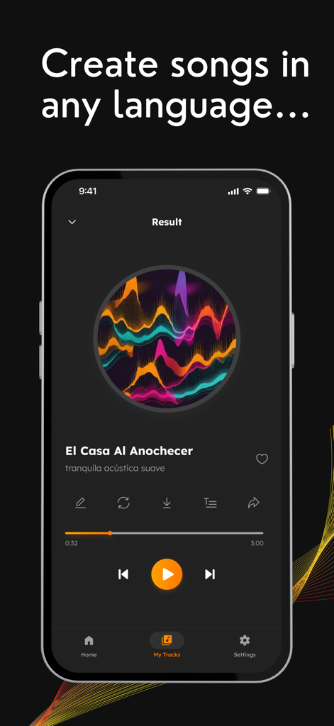 Soundify - AI Song Maker - A smartphone showing the Soundify app interface with a song generated in Spanish titled El Casa Al Anochecer including a colorful music visualizer and playback controls.