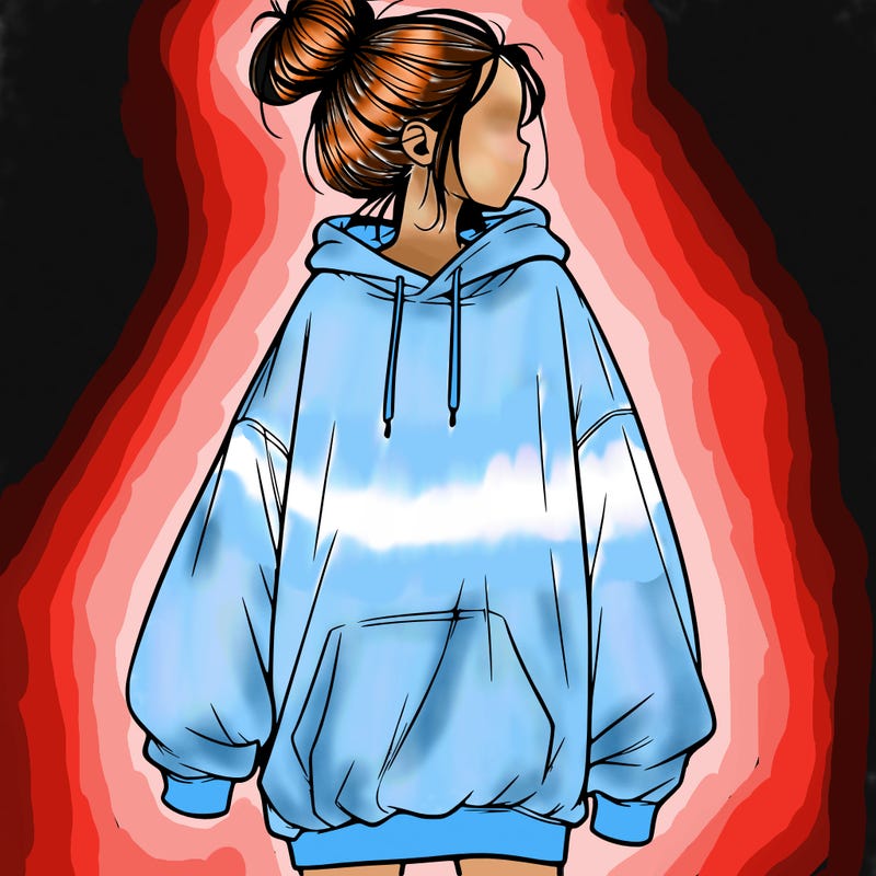 realistic girl with a oversized sweatshirt on and a bun