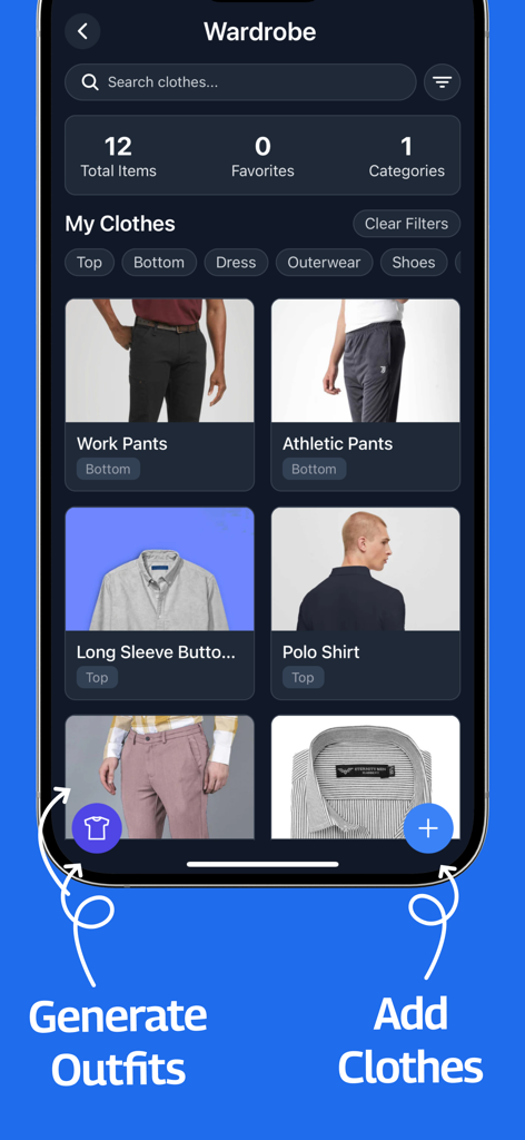 Outfit Planner: AI Outfit - Digitale Garderobenoberfläche, die eine Sammlung von Kleidung mit Optionen zur Outfit-Erstellung und zum Hinzufügen von Artikeln anzeigt