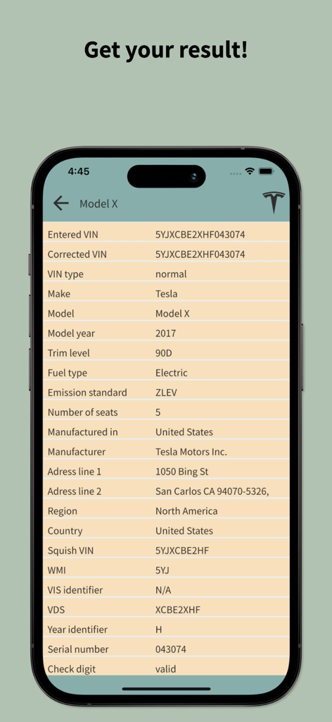 Smartphone-Bildschirm zeigt einen detaillierten Fahrbericht aus der VIN-Decoder-App für ein Tesla Model X von 2017