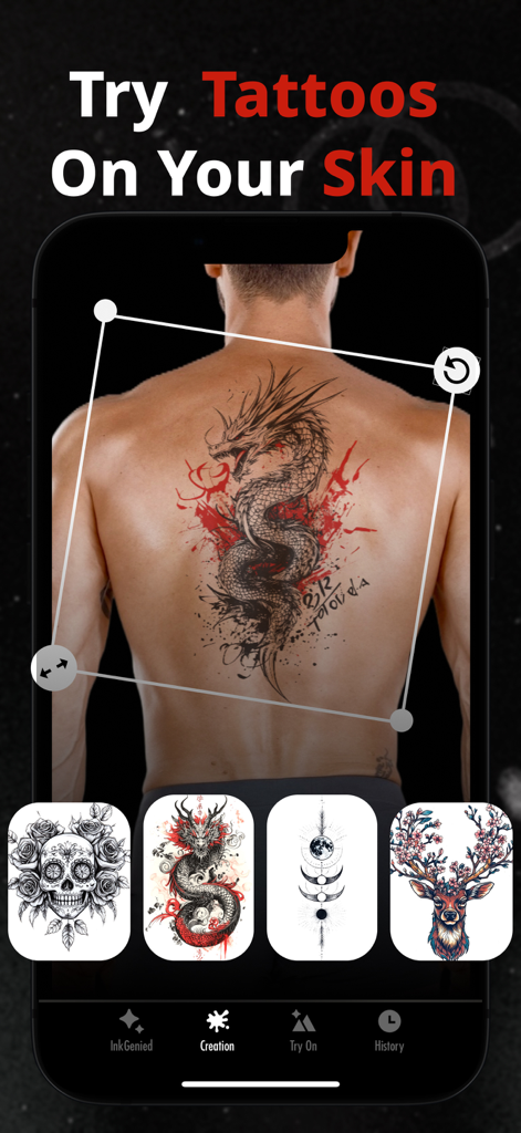 Tela de aplicativo móvel mostrando um design de tatuagem de dragão sobreposto nas costas de uma pessoa para pré-visualização