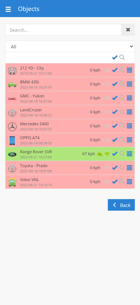 A fleet management dashboard showing a list of tracked vehicles with their real-time speed and connection status.