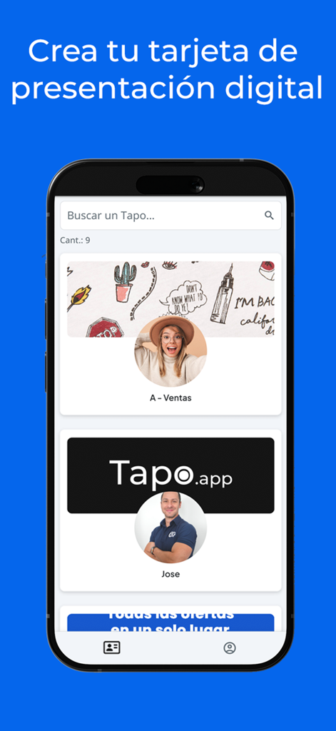 Tapo - Tapo 네트워킹 플랫폼 내 다양한 디지털 명함 프로필을 보여주는 모바일 앱 화면