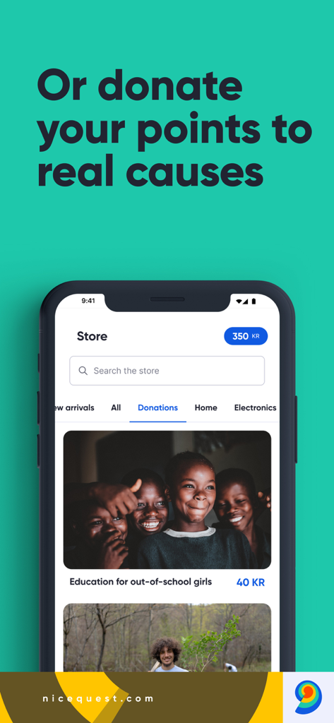 Interfaz de la app Nicequest mostrando la sección de tienda donde los usuarios pueden donar sus puntos a causas benéficas