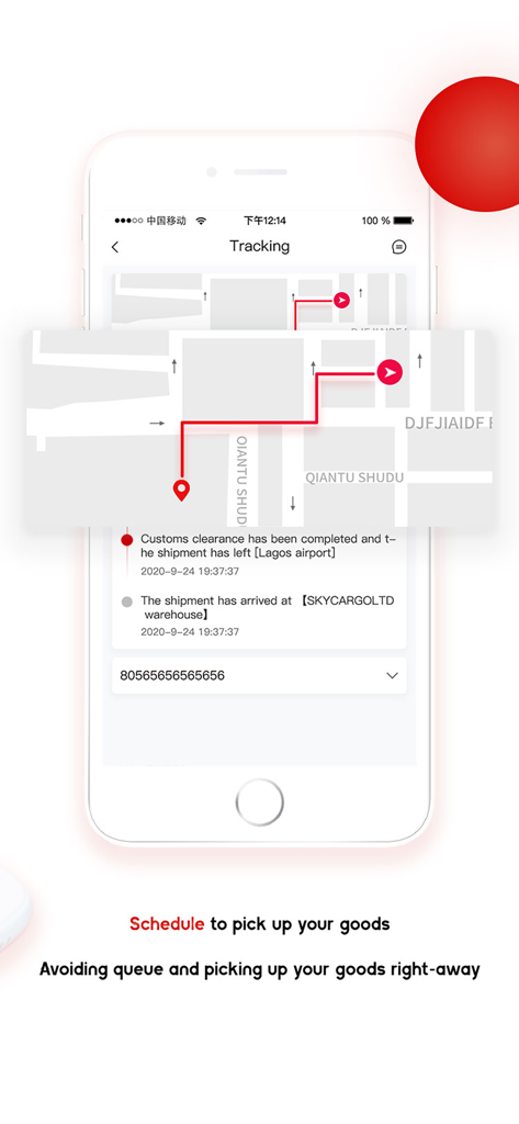 Skycargoltd-App-Tracking-Bildschirm, der die Sendungsroute auf einer Karte und den Lieferstatus zeigt.