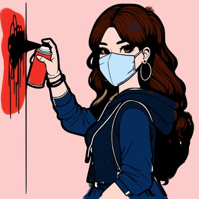 realistic girl with mask spray painting a wall