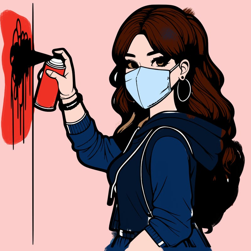 realistic girl with mask spray painting a wall