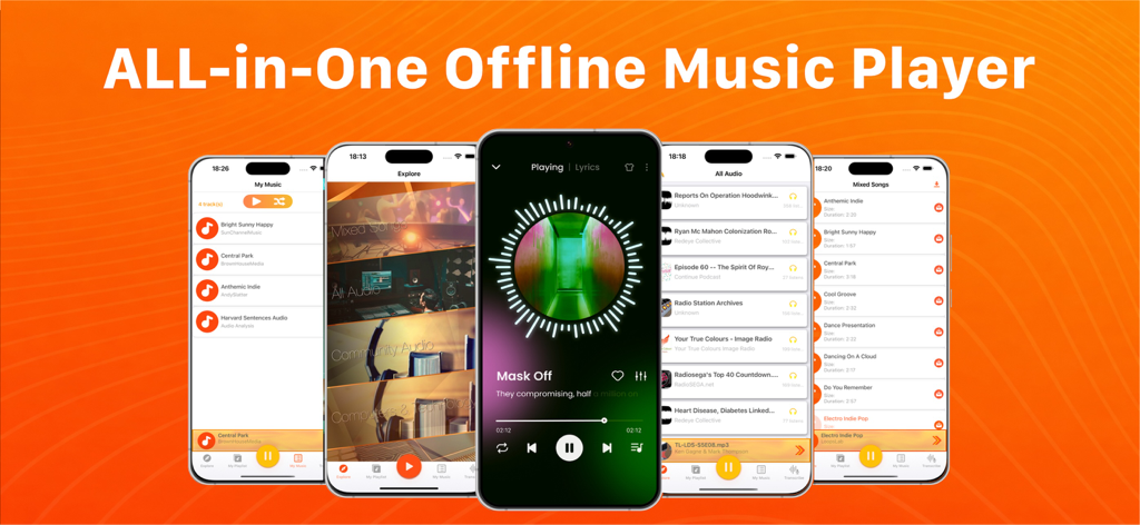 A showcase of Mudify Archive app screens highlighting its offline music player and library management features