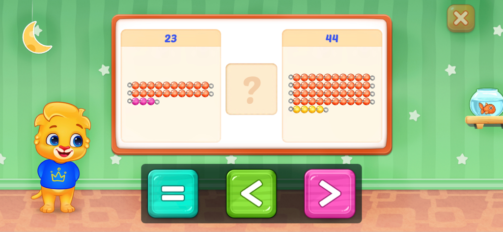 Educational game screen showing number comparison with Montessori beads