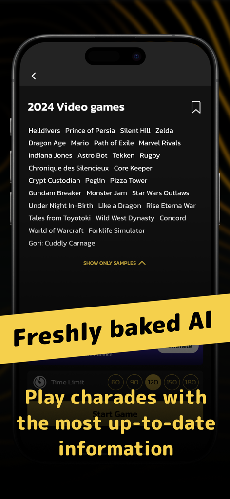 Chanom: AI-Powered Charades - Chanomアプリのインターフェースで、ジェスチャーゲームのための2024年ビデオゲームのAI生成リストが表示されています。