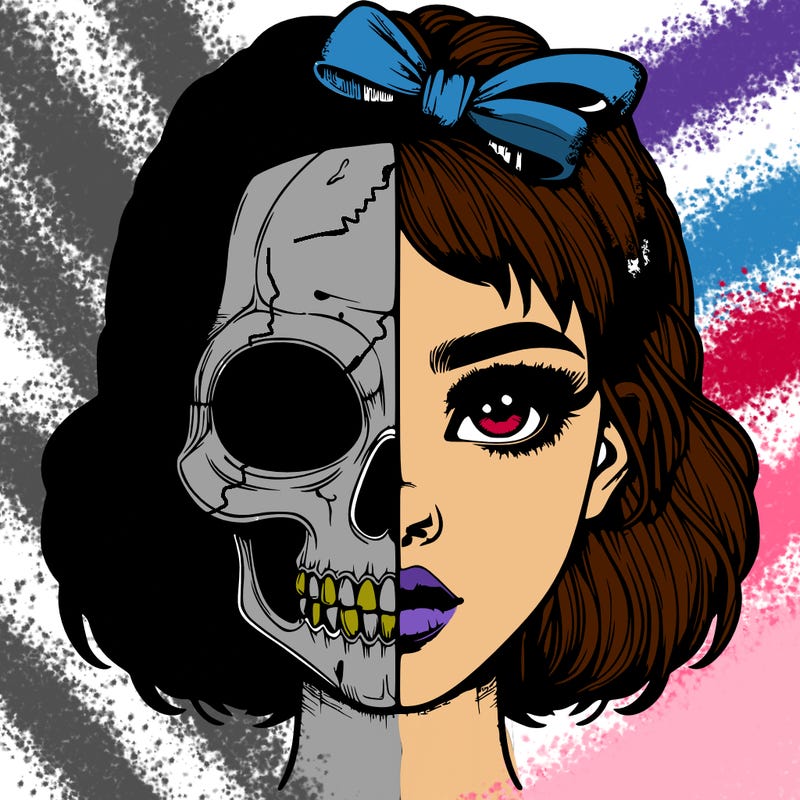 realistic girl with half skull mask