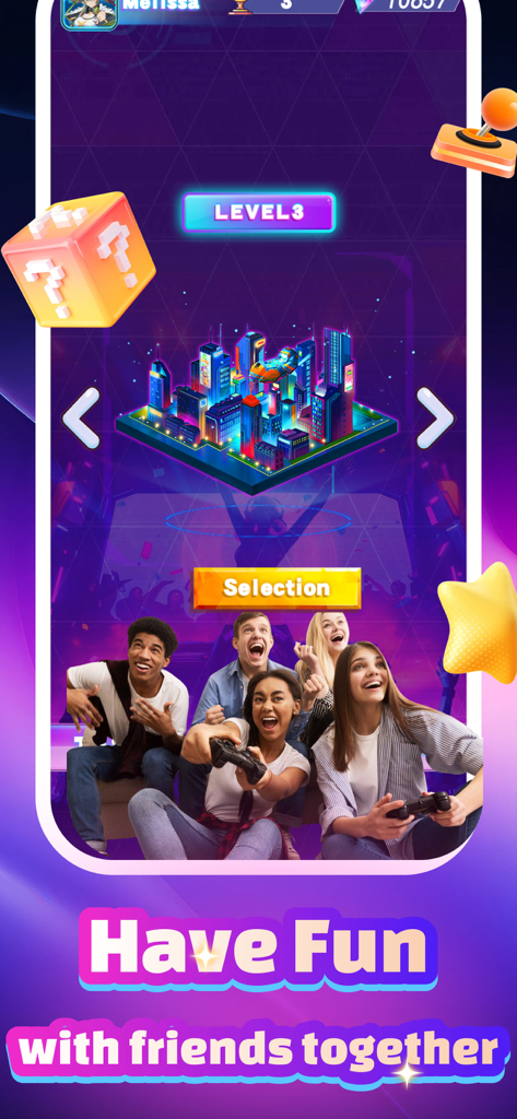 Tuki Connect:Bubble Love - Tuki Connect Bubble Love screen showing a group of friends playing together with a level selection menu