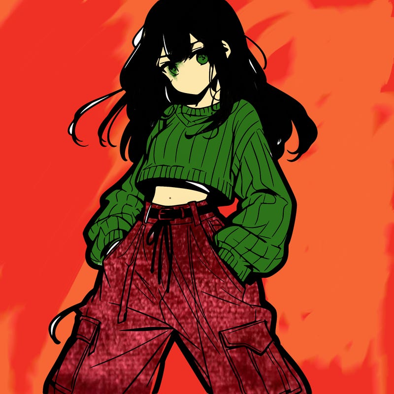 anime teen girl with baggy pants and crop top with sweater