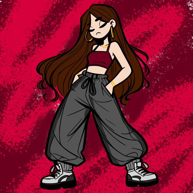 girl in baggy pants crop top and long hair