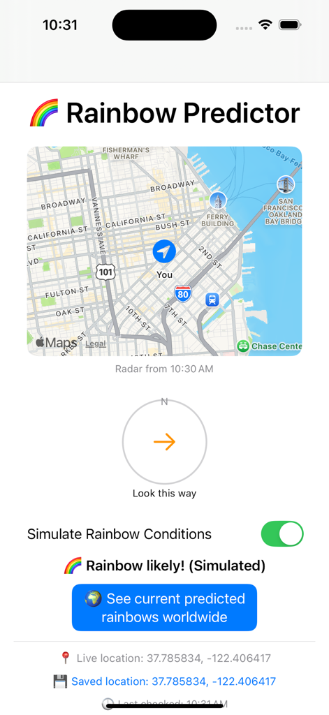 Rainbow Predictor app interface showing a map with location tracking and a directional arrow to spot rainbows.