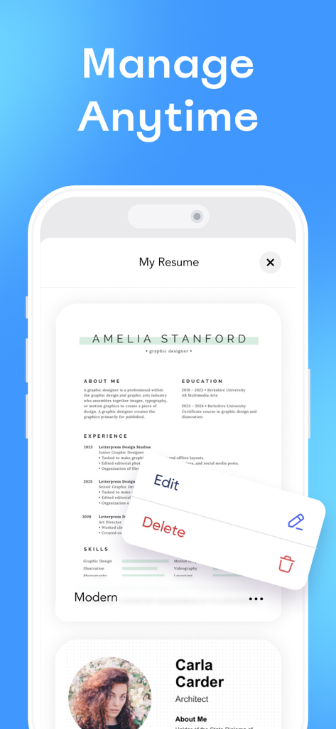 Resume Maker & CV Builder App - Interfaz de aplicación móvil que muestra una plantilla de currículum profesional con opciones para editar o eliminar el documento