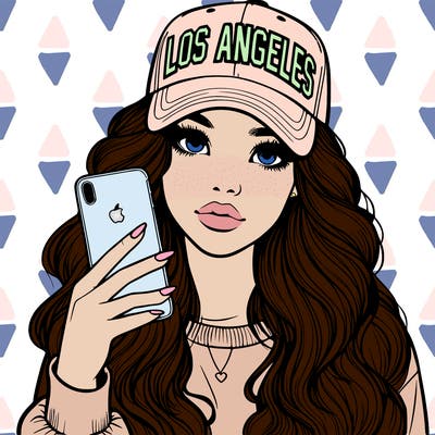 realistic beautiful girl wearing los ángeles cap holding an iphone