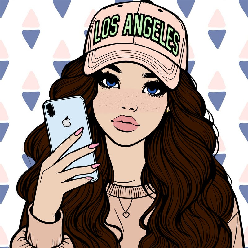 realistic beautiful girl wearing los ángeles cap holding an iphone
