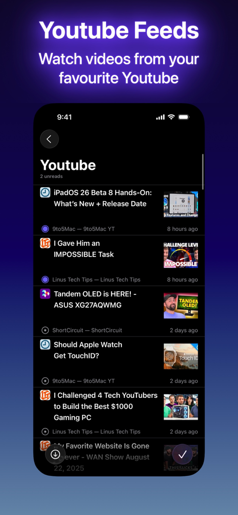 Elytra - Elytra RSS reader interface showing a curated list of YouTube video feeds in dark mode.