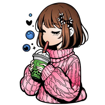 manga girl drinking boba in cozy sweater