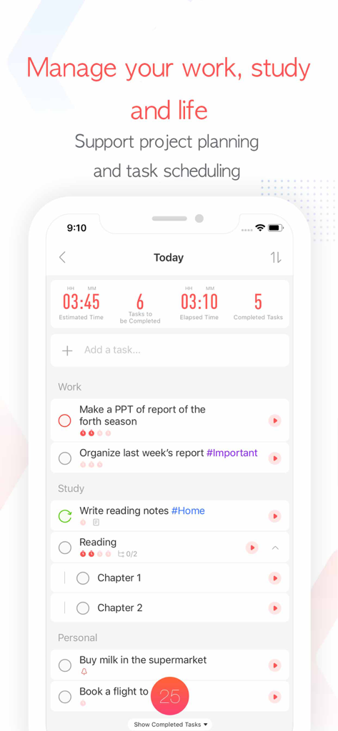 Focus To-Do: Focus Timer&Tasks - Focus To-Do App-Oberfläche mit täglicher Aufgabenorganisation nach Arbeits-, Studien- und persönlichen Kategorien sowie einer Pomodoro-Timer-Übersicht