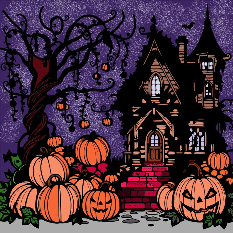 fairy gothic mystical halloween house setting with pumpkins that have long wirey vines