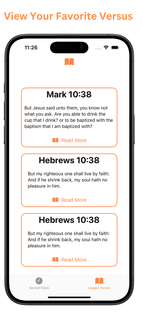 Bible Verse Clock - Interface do aplicativo Relógio de Versículos Bíblicos mostrando uma lista de escrituras favoritas salvas, incluindo Marcos e Hebreus.
