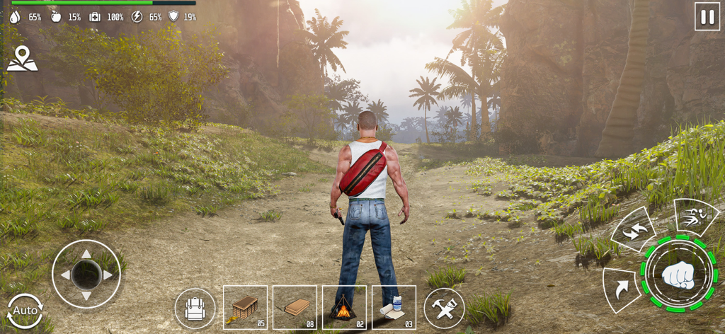 Woodcraft Survival Island Game - Third person gameplay view of a character exploring a tropical island in Woodcraft Survival Island Game showing survival stats and crafting inventory.