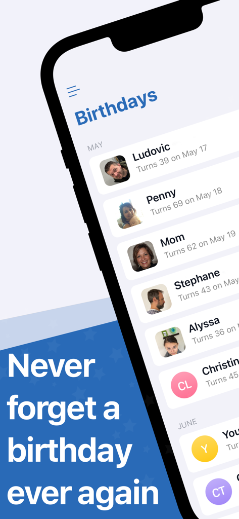 Schermata dell'app Promemoria Compleanni che mostra un elenco di prossimi compleanni con nomi e foto