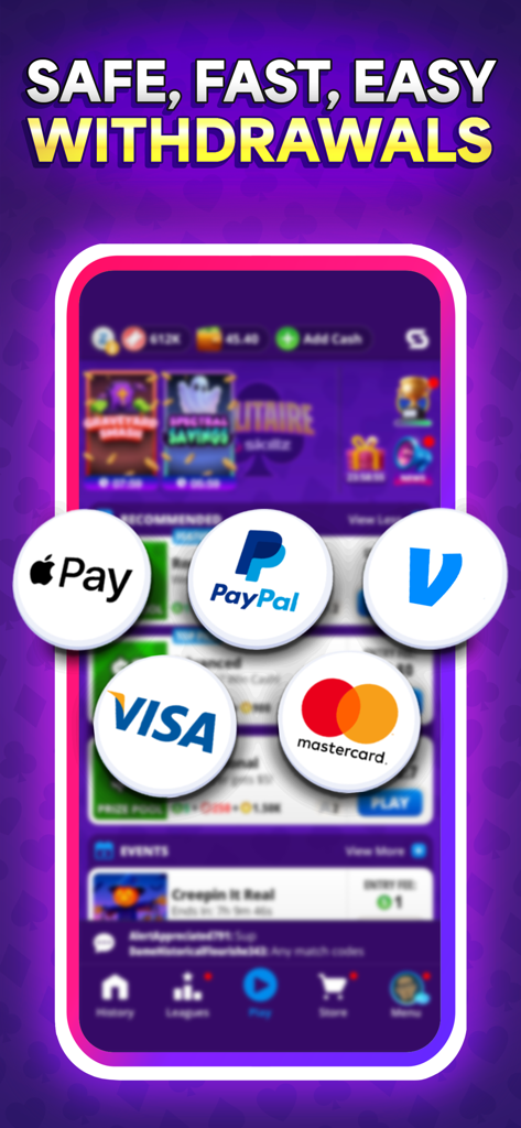 Solitaire Skillz - Win Cash - Tela do aplicativo Solitaire Skillz destacando opções de saque seguras e rápidas com ícones para Apple Pay, PayPal, Venmo, Visa e Mastercard.