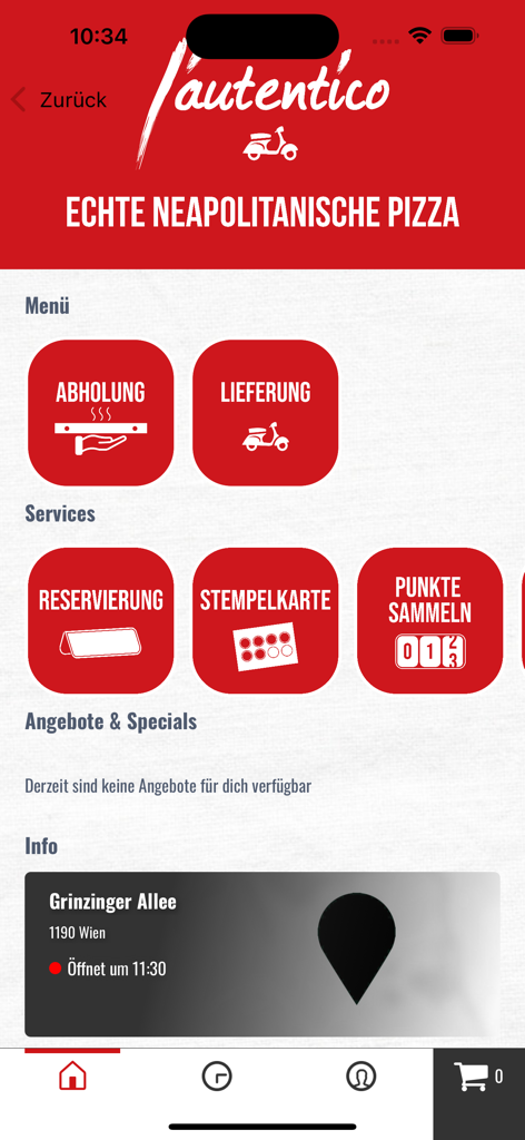 Home screen of the lautentico app featuring pizza delivery and loyalty reward buttons