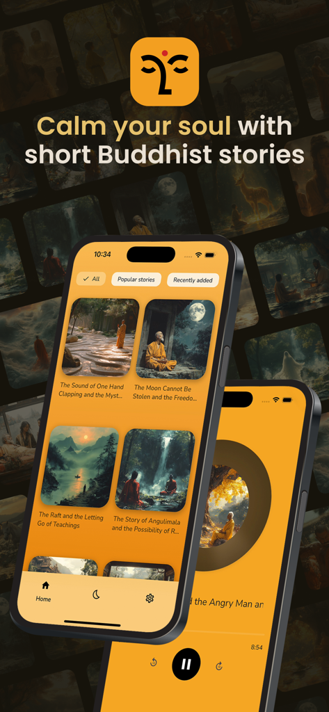 Sutara: Buddhist Stories - Schermate dell'app mobile Sutara: Storie Buddiste che mostrano una selezione di storie buddiste narrate e un lettore audio rilassante.