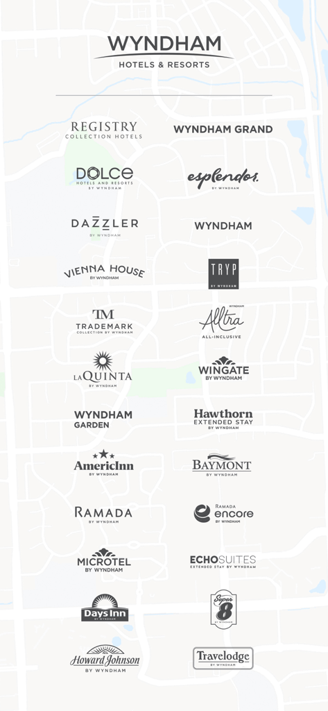 Wyndham Hotels & Resorts - A list of hotel brand logos belonging to the Wyndham Hotels and Resorts portfolio