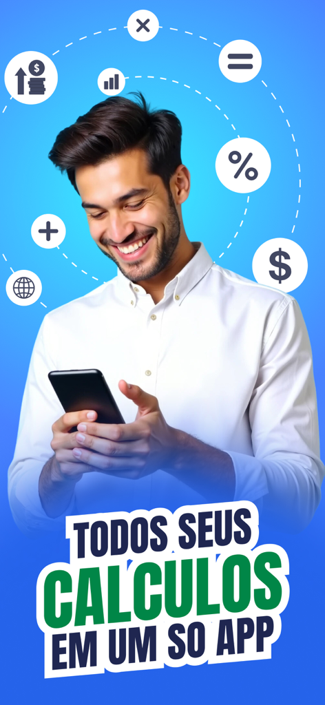 Man using a financial app with floating investment icons and Portuguese text describing an all in one calculator