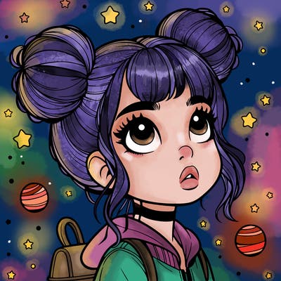 girl with space buns looking up realistic