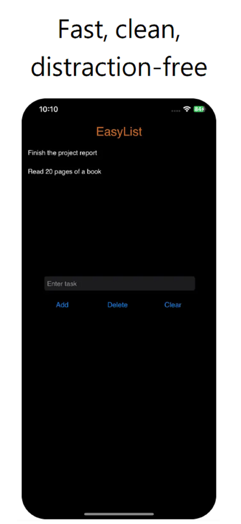 Interfaz de la aplicación móvil EasyList con una lista de tareas limpia y libre de distracciones en modo oscuro