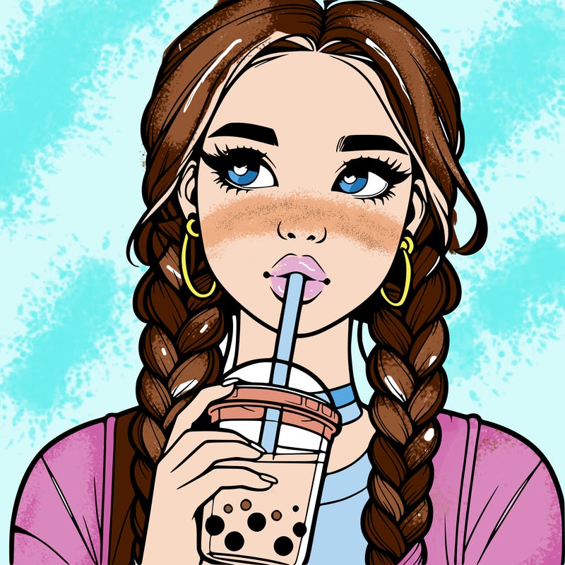realistic girl with braided hair drinking boba