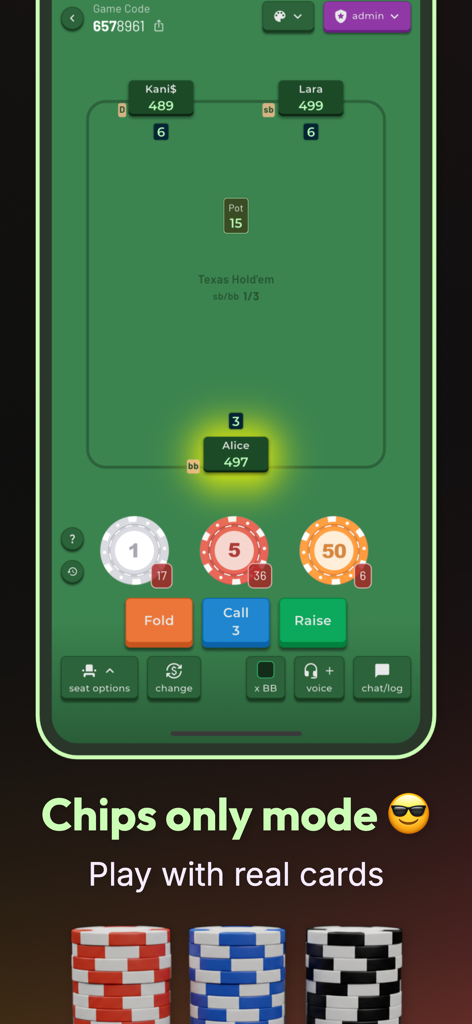 Poker 4 Friends: Chips of Fury - App Chips of Fury mostrando a interface do modo apenas fichas para jogos de poker caseiros