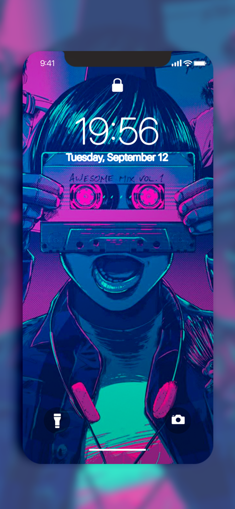 Sfondo synthwave ispirato a Stranger Things sulla schermata di blocco di un iPhone.