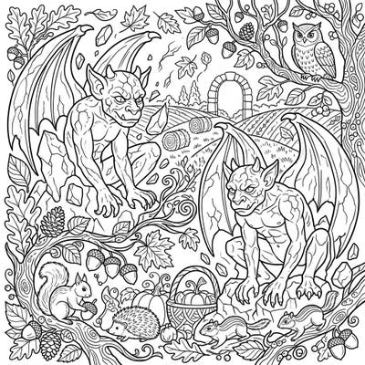 Dive into a captivating autumn scene where two magnificent awakened gargoyles guard a forest teeming with fall wonders. This intricate coloring page invites you to bring a touch of fantasy to the cozy season, blending mythical creatures with the beauty of nature.