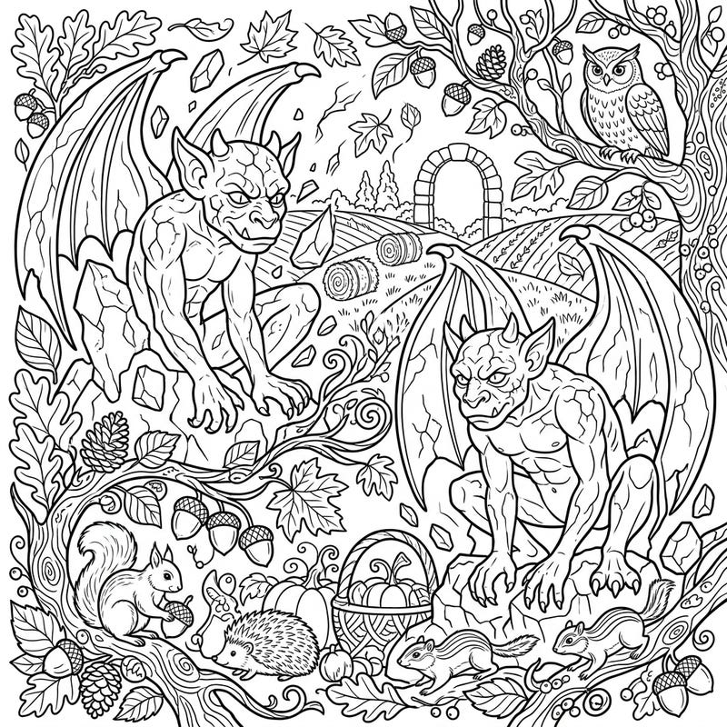 Dive into a captivating autumn scene where two magnificent awakened gargoyles guard a forest teeming with fall wonders. This intricate coloring page invites you to bring a touch of fantasy to the cozy season, blending mythical creatures with the beauty of nature.