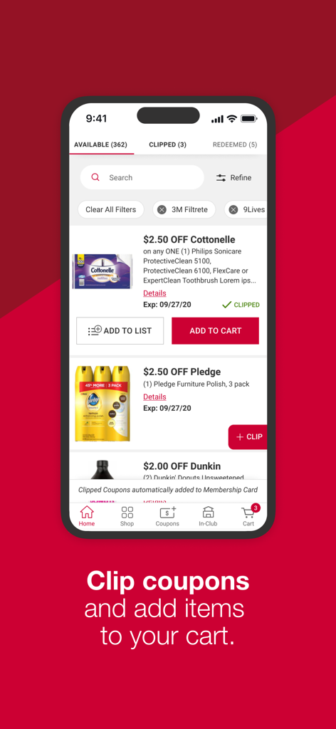 BJs Wholesale Club - Der Abschnitt für digitale Gutscheine der mobilen App BJ's Wholesale Club mit Ersparnissen für Haushaltsprodukte.