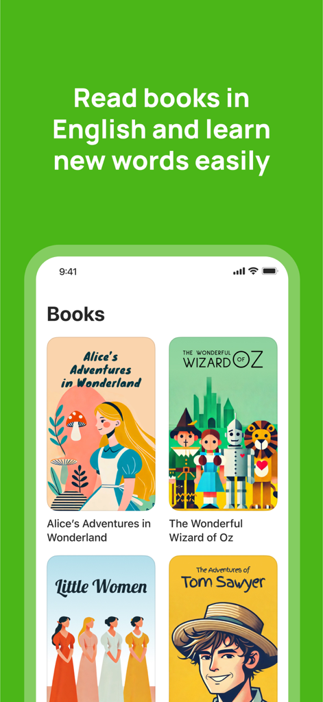 Interface of the 10 Minute English app showing a selection of classic books to read.
