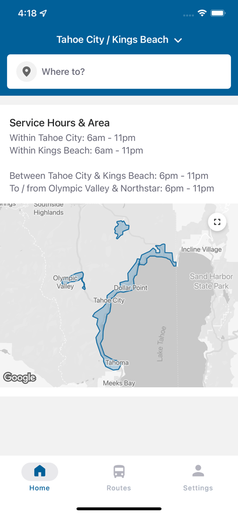 TART Connect - TART Connect app interface showing the service area map and operating hours for North Lake Tahoe
