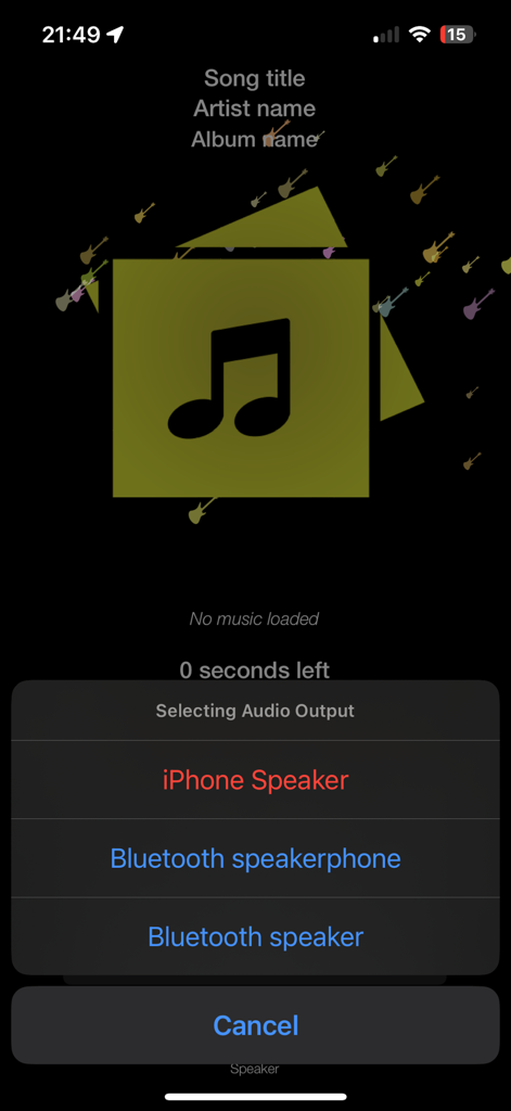 Selecting audio output menu in the Bluetooth Car Audio Music Play app showing iPhone and Bluetooth speaker options.