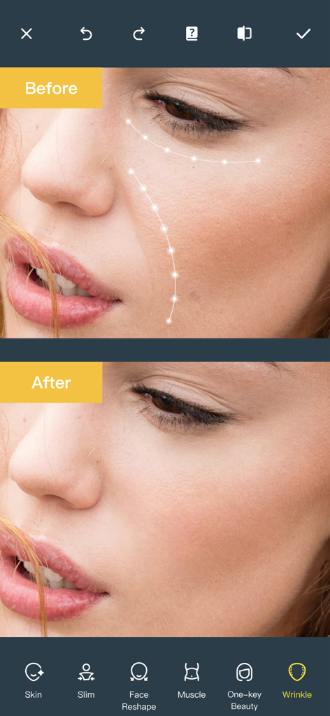 Comparación de antes y después de la cara de una mujer usando la herramienta de eliminación de arrugas en la aplicación Photo Retouch